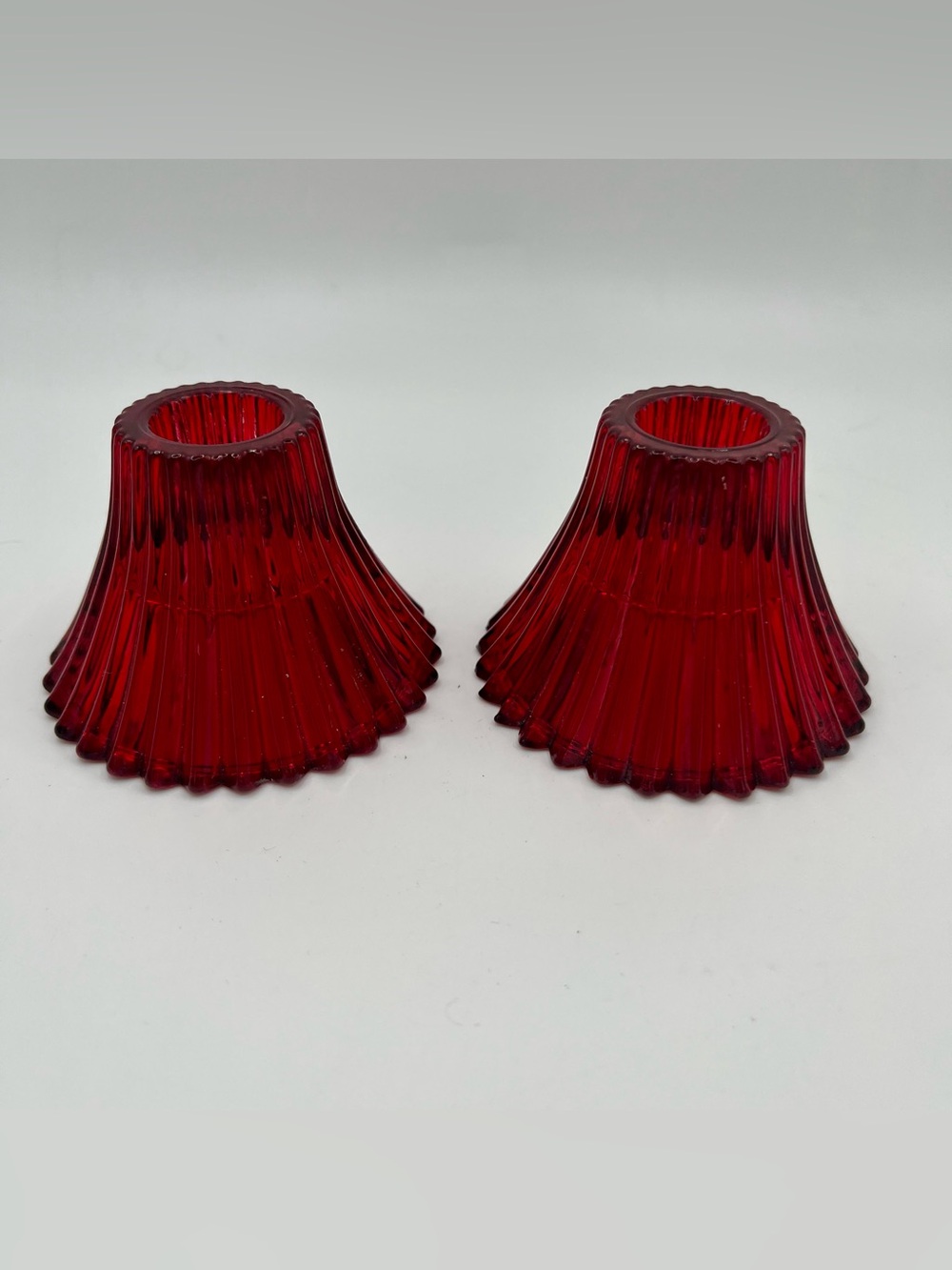Vintage Red Glass Ribbed Taper Candle Holders - Set of 2